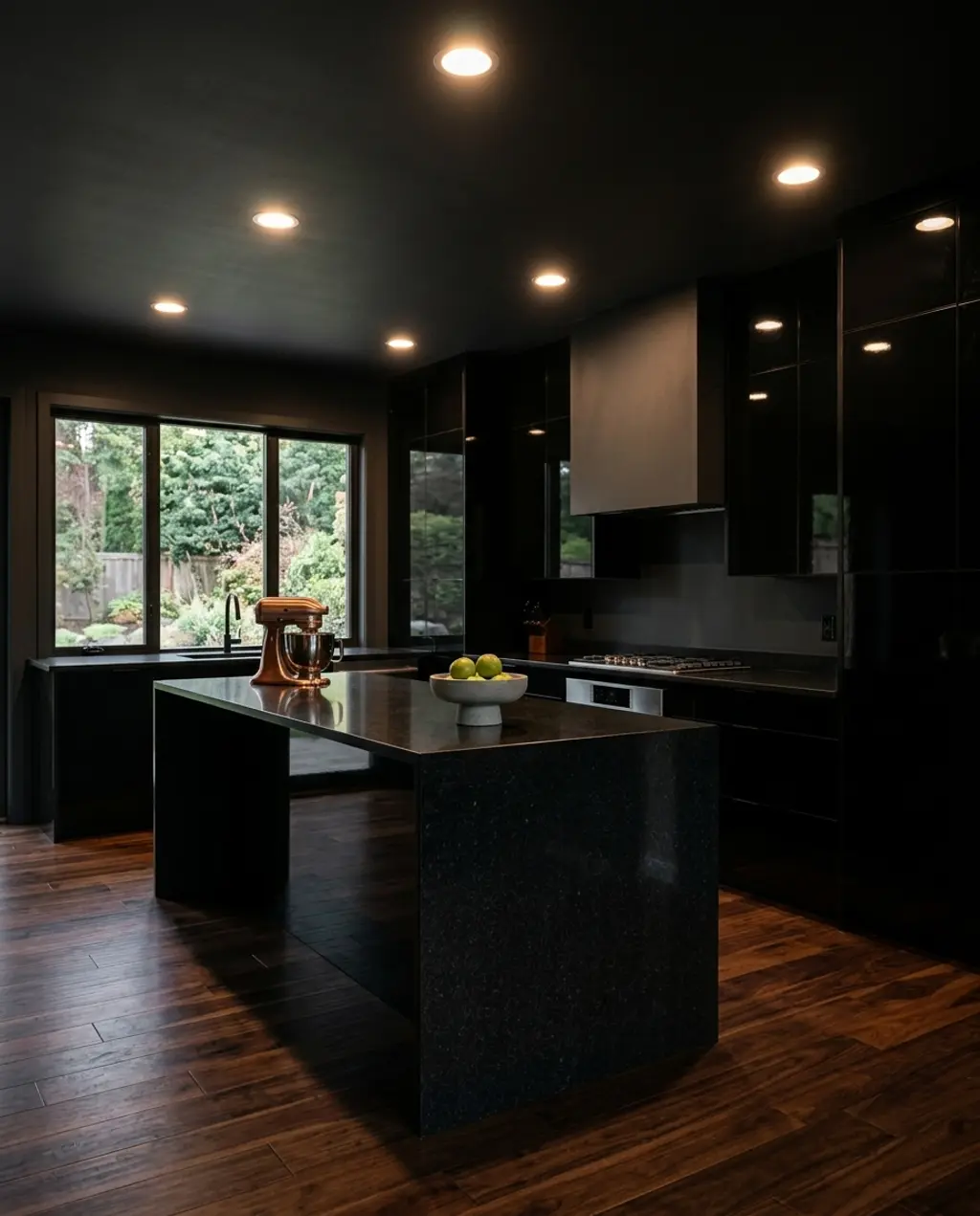 Luxurious Black Kitchen with Dark Wood Flooring and Soft Lighting