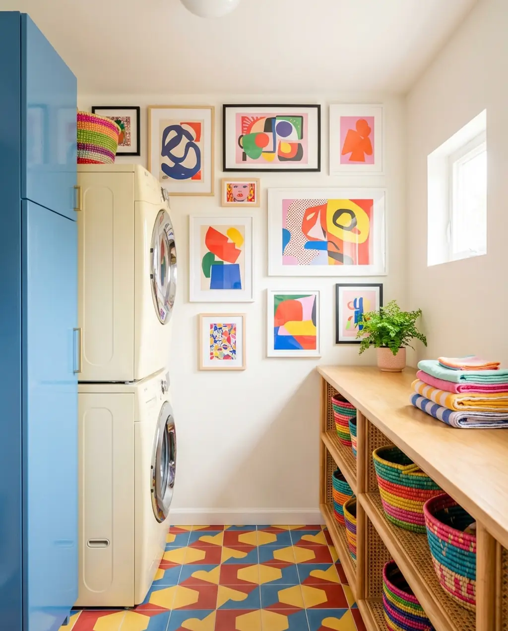 Maximalist Laundry Nook with Bold Art & Colors