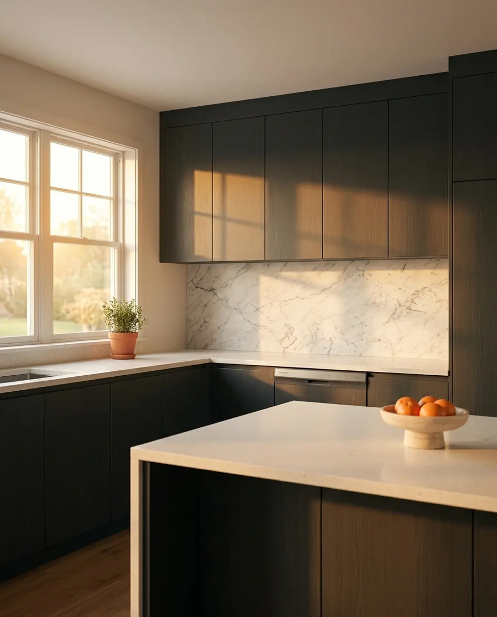 Modern Grey Kitchen with Marble Backsplash