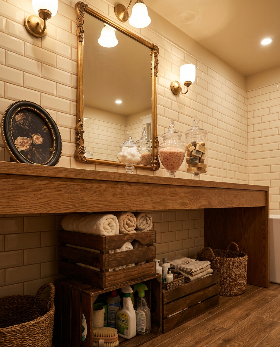 Vintage-Inspired Bathroom with Repurposed Storage