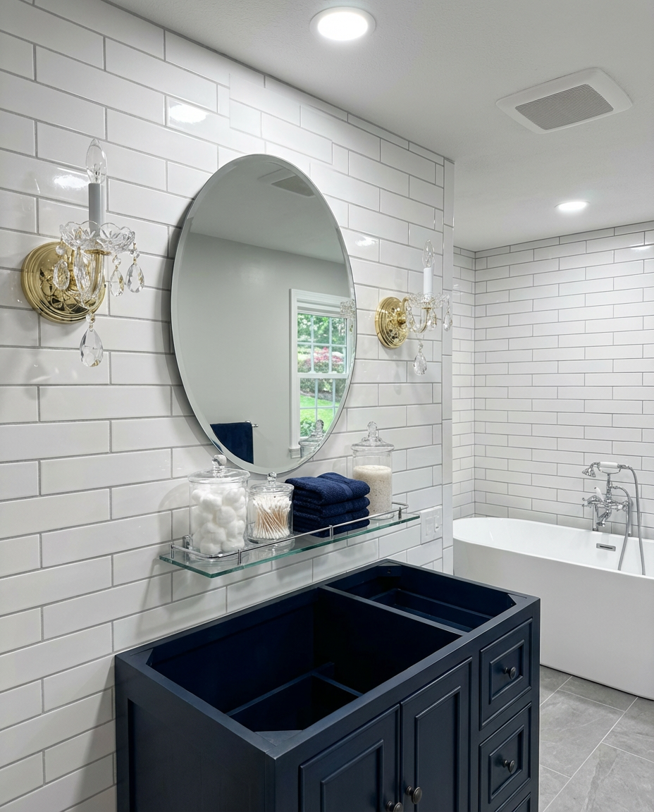 Traditional Bathroom with Wall-Mounted Glass Shelves