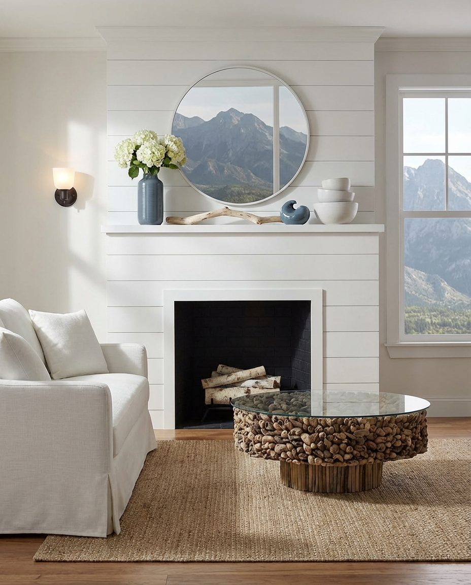 Coastal Living Room with Shiplap Fireplace