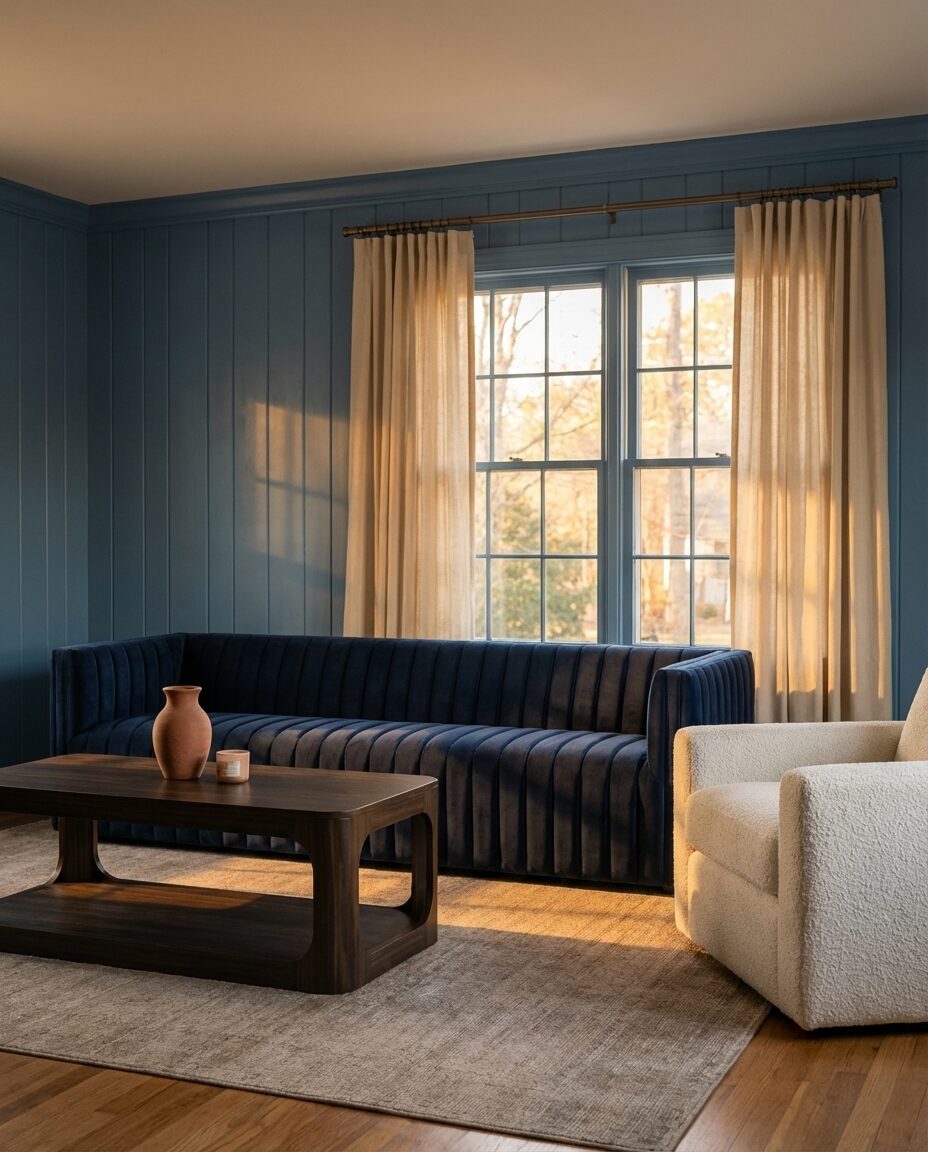 Transitional Blue Living Room with Wood Paneling