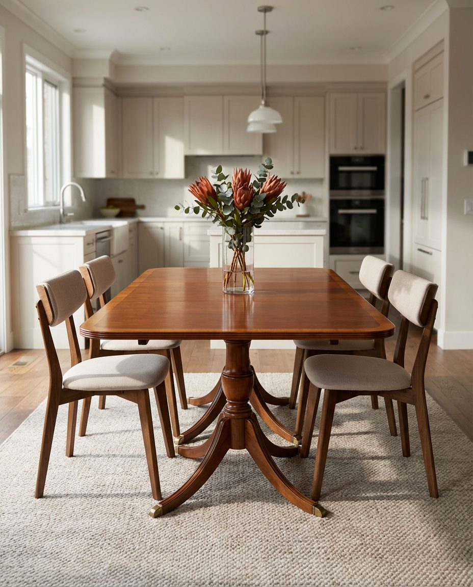 Chic Refinished Kitchen Table with Upholstered Chairs and Elegant Centerpiece