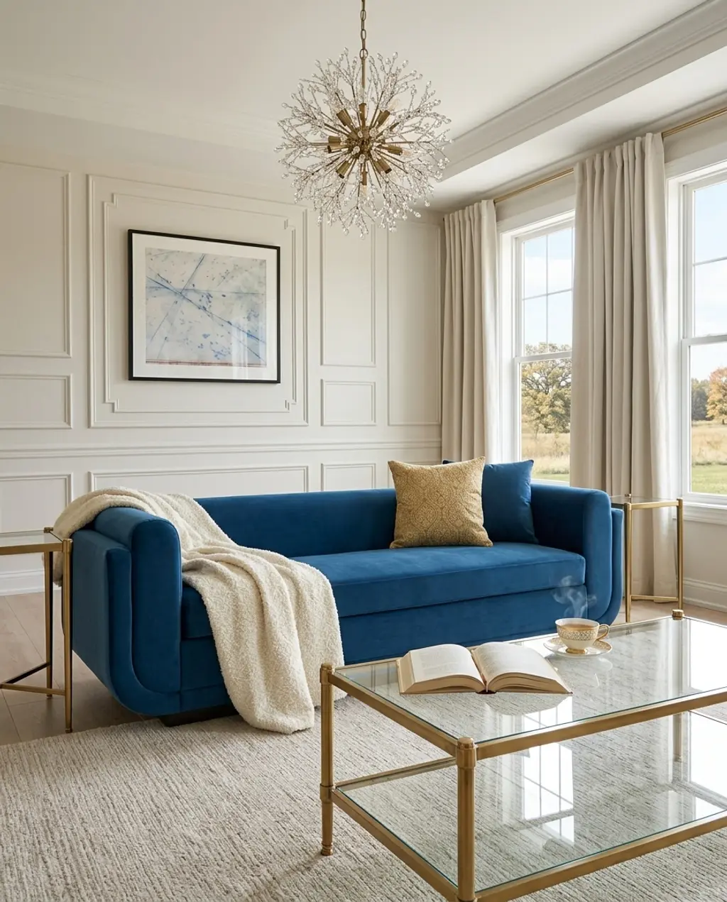 Rich Sapphire Blue & Gold Glamorous Living Room