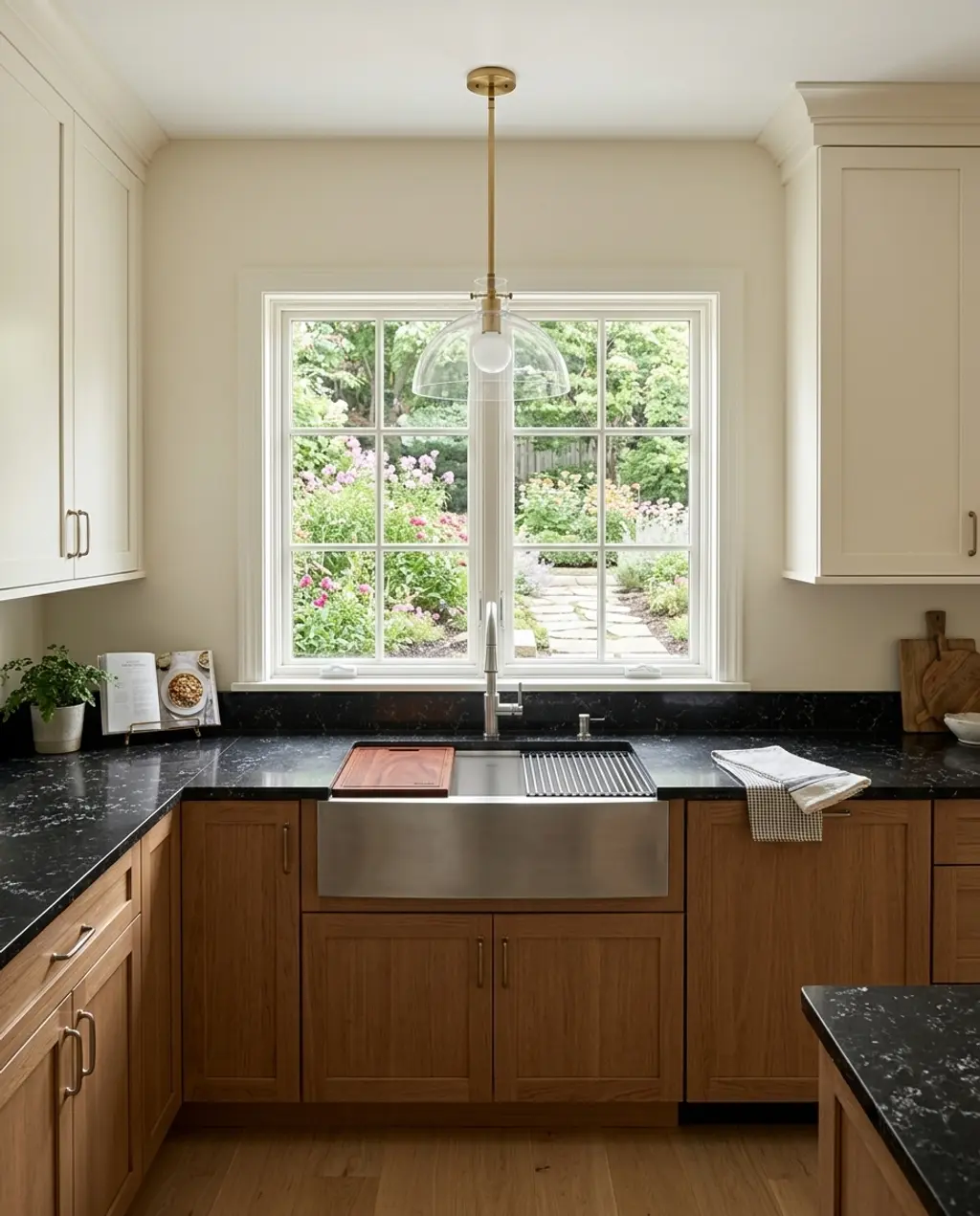 Warm Wood Cabinets with White Uppers and Black Countertops
