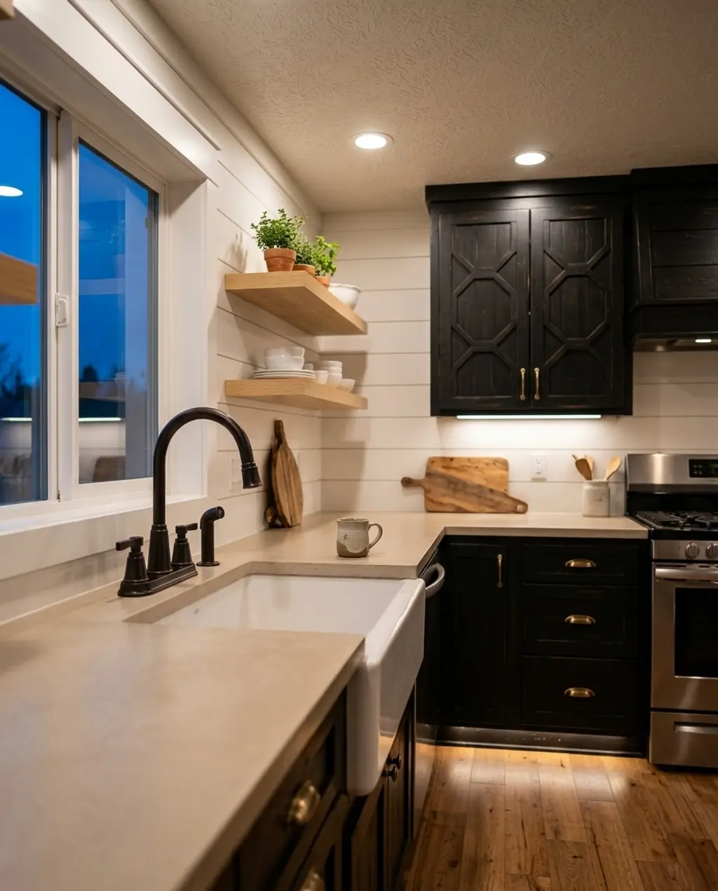 Rustic Farmhouse Kitchen with Stained Cabinets and White Shiplap