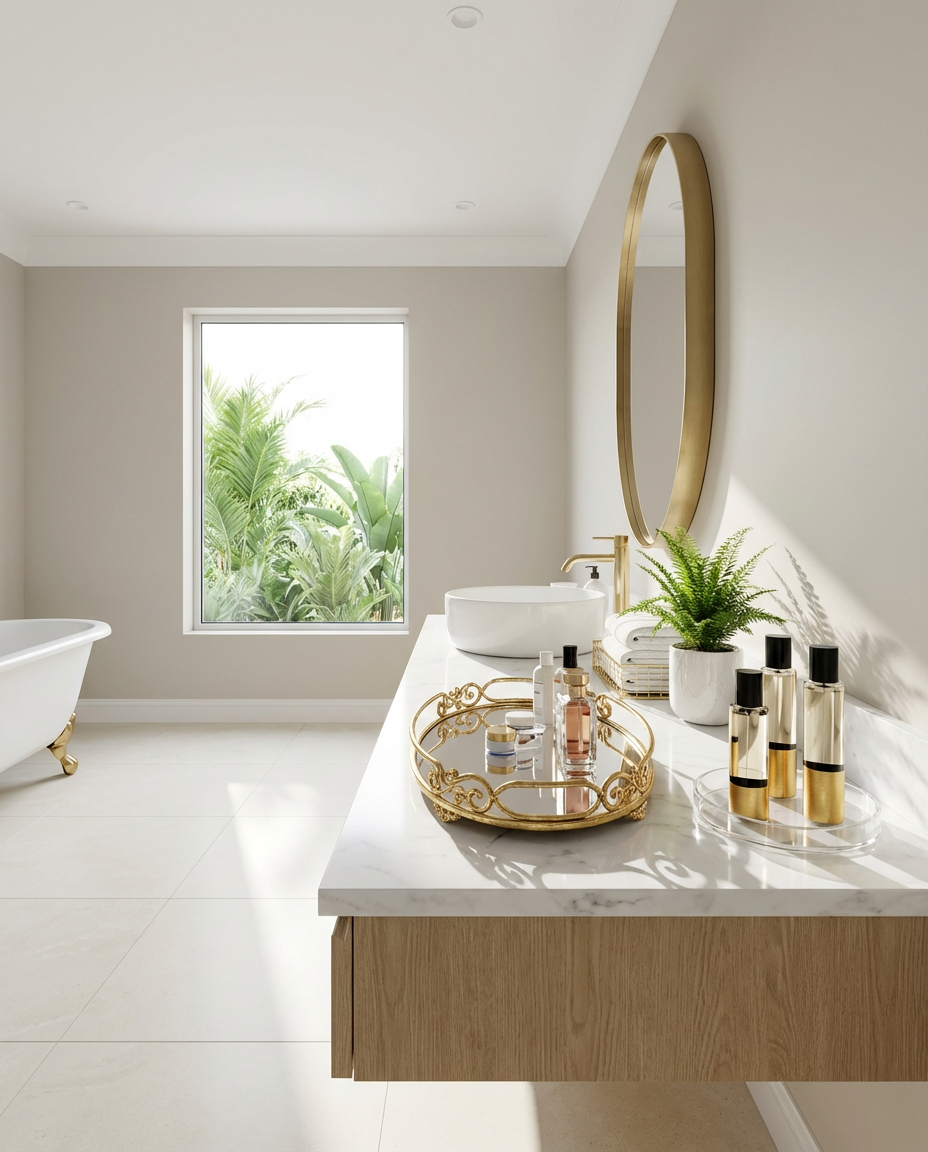 Luxurious Marble Countertop Organization with Gold Accents — Budget Version