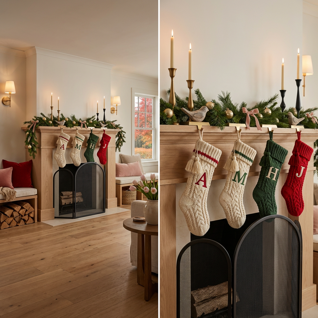 Chic Christmas Fireplace Decor with Greenery and Gold Accents