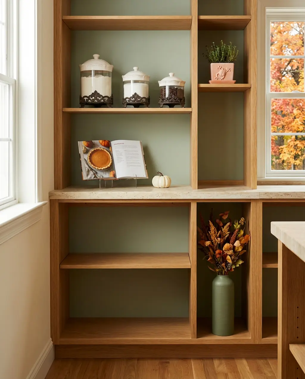 Open Concept Pantry with Integrated Wood Shelving