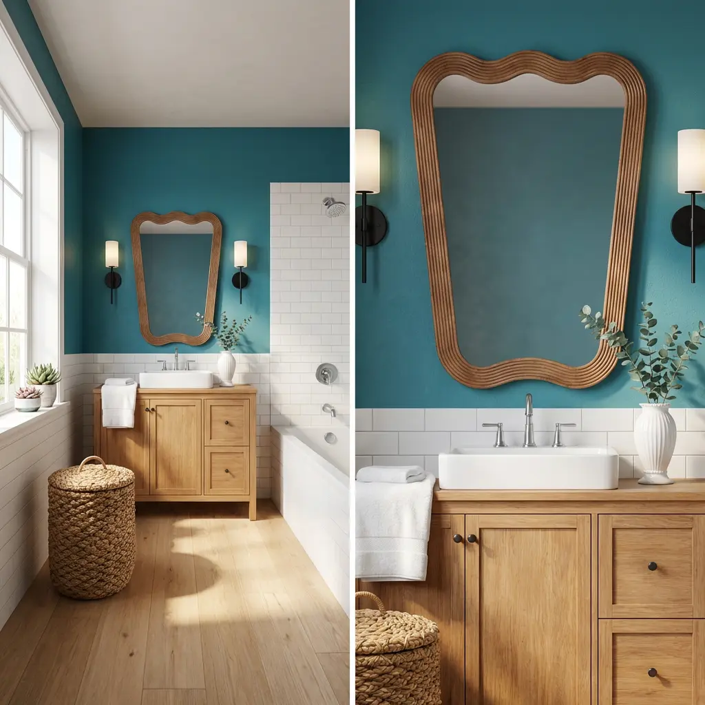 Dark Green Accent Wall with Warm Wood Tones