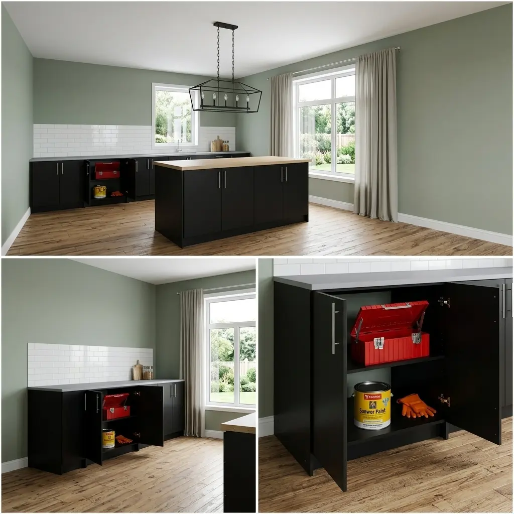 Modern Black Kitchen with White Backsplash and Industrial Pendant Lights