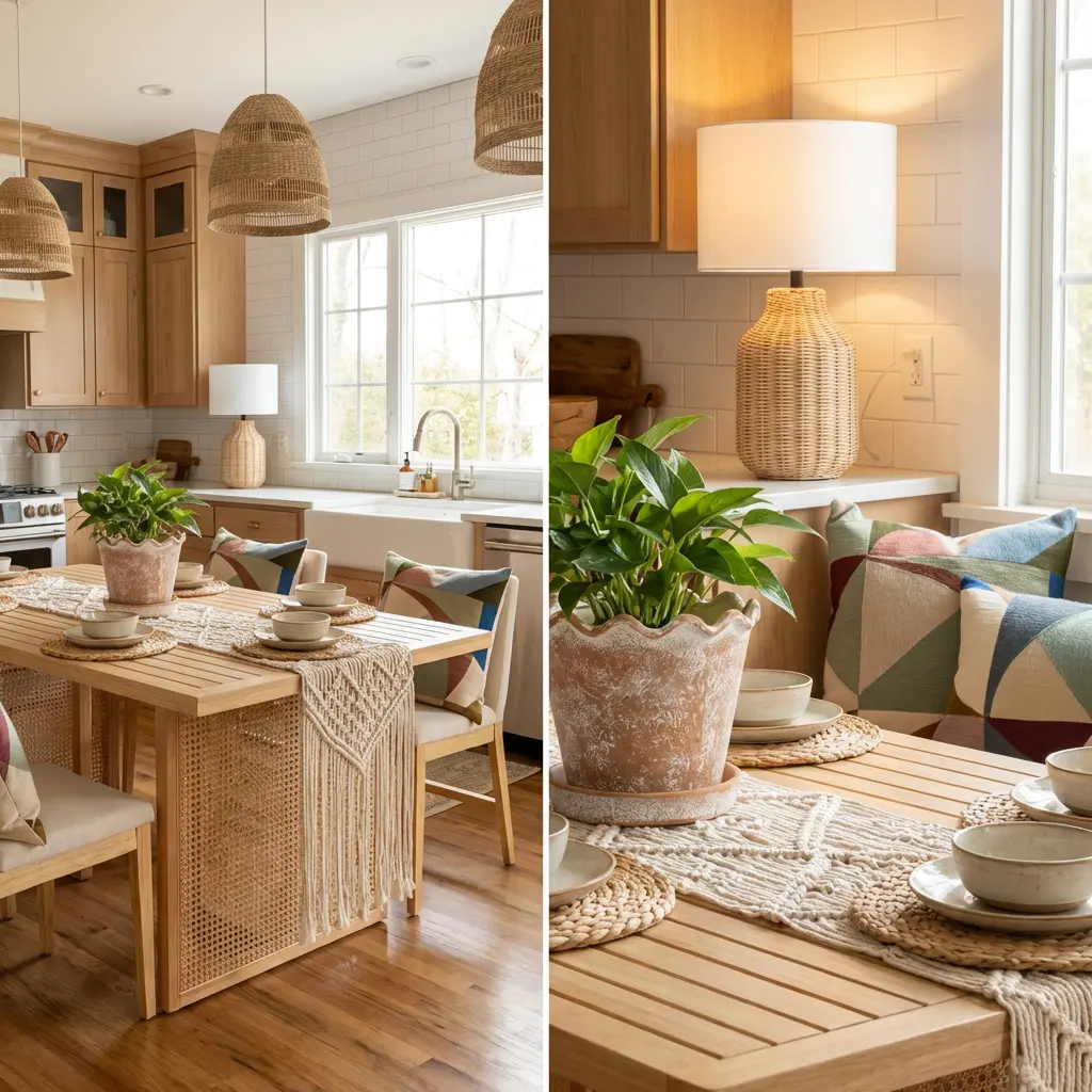Bohemian Kitchen Table with Macrame Runner and Colorful Pillows