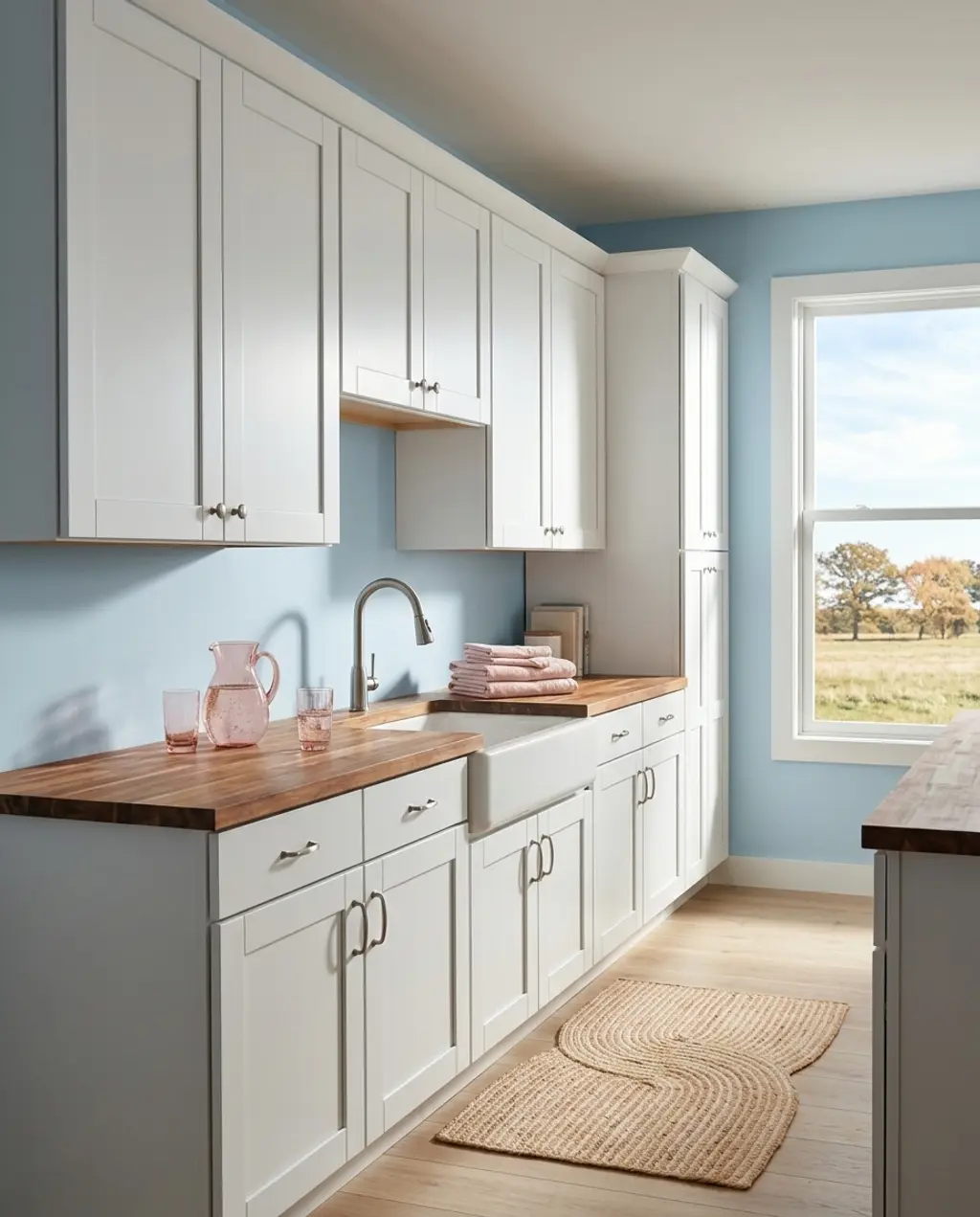 Coastal Kitchen with Light Blue Walls and White Cabinets