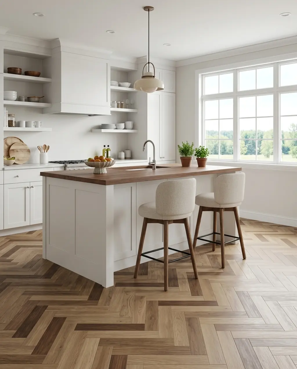 Elegant Herringbone Wood-Look Tile Kitchen Floor — Luxury Version