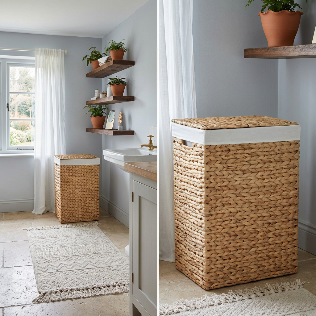 Bohemian Bathroom with Woven Baskets and Plant Shelves