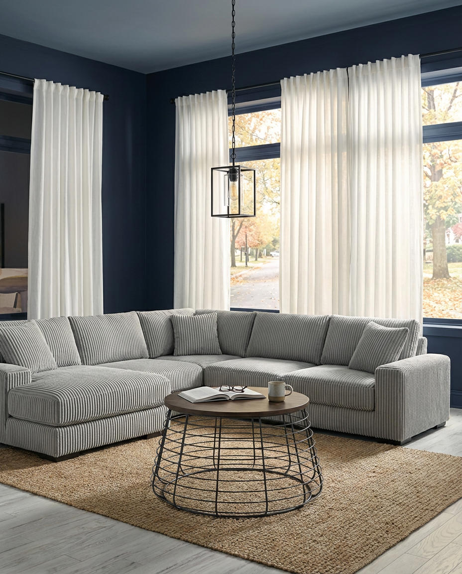 Dramatic Dark Painted Living Room with Sheer Curtains