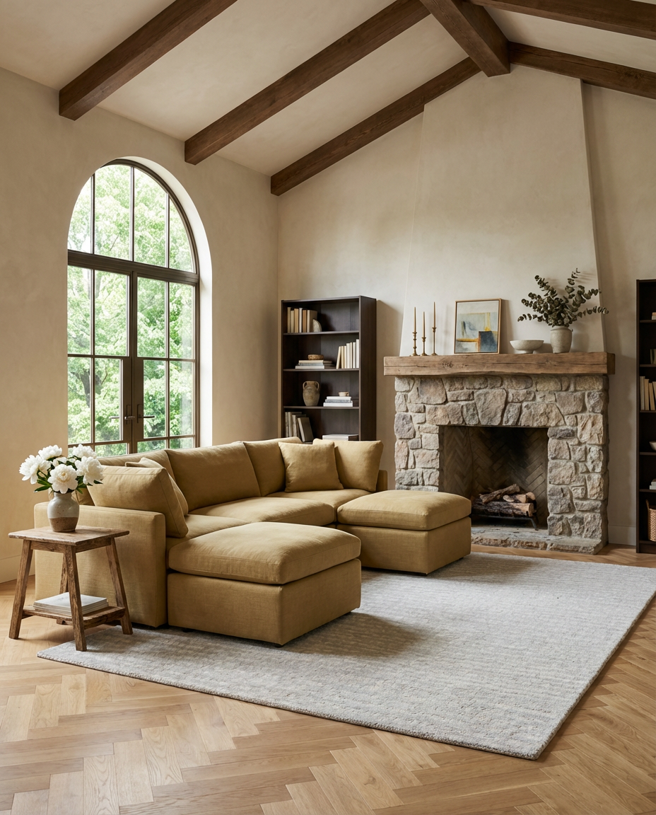 Rustic Stone Fireplace in a Cozy Living Room with Wood Beams — Luxury Version