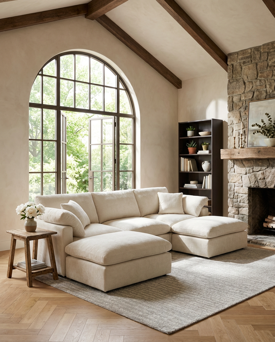 Rustic Stone Fireplace in a Cozy Living Room with Wood Beams — Budget Version