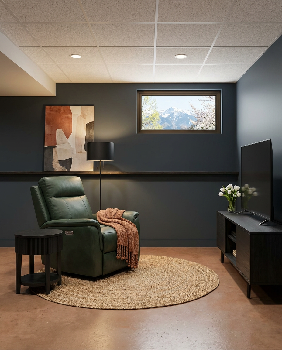 Low Ceiling Basement Media Room with Recessed Lighting — Budget Version