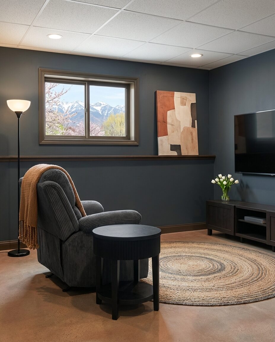 Low Ceiling Basement Media Room with Recessed Lighting — Luxury Version