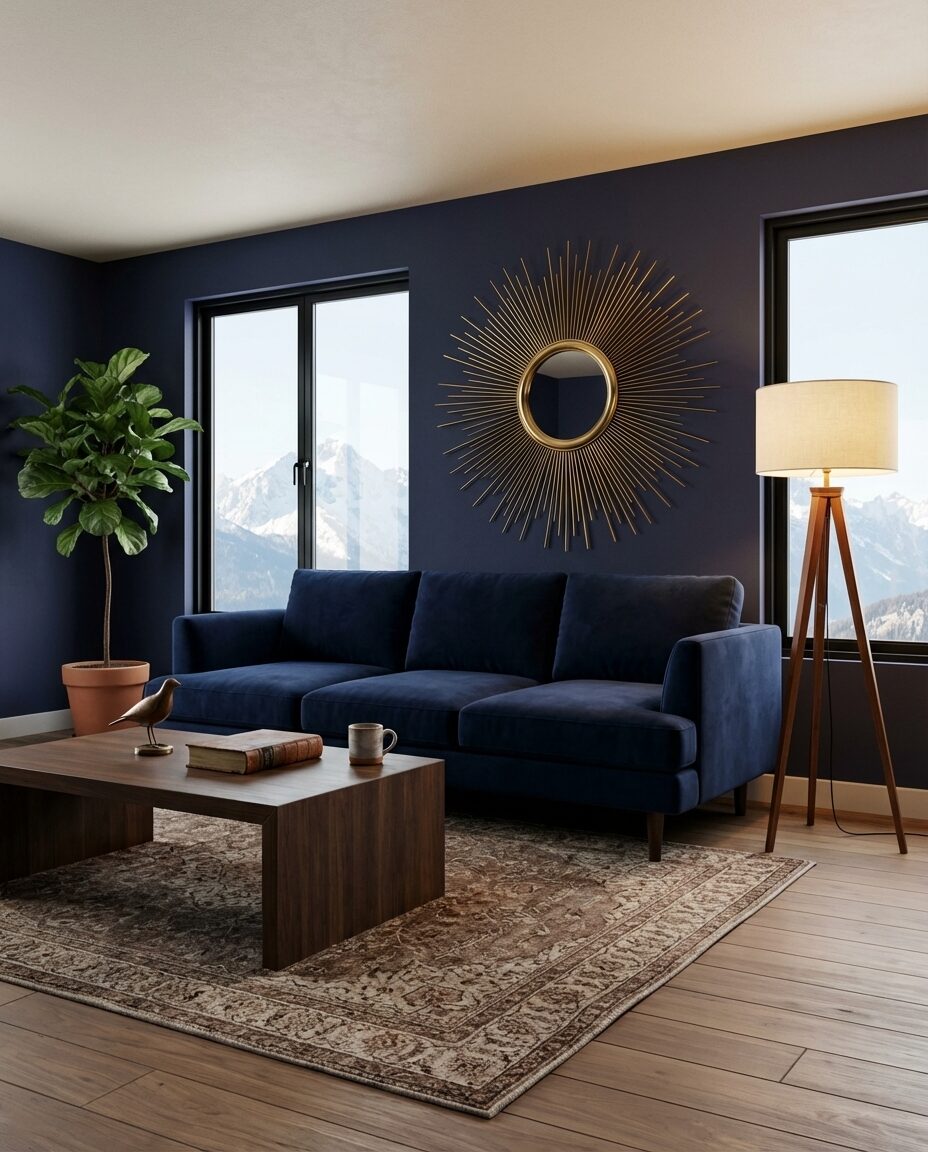 Navy and Brown Living Room with Mid-Century Modern Flair — Luxury Version