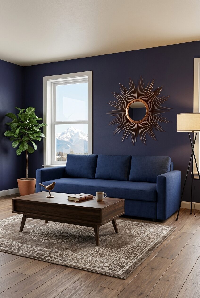 Navy and Brown Living Room with Mid-Century Modern Flair — Budget Version