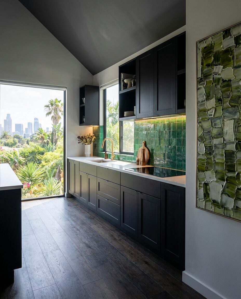 Black Kitchen with Green Backsplash Pop — Luxury Version