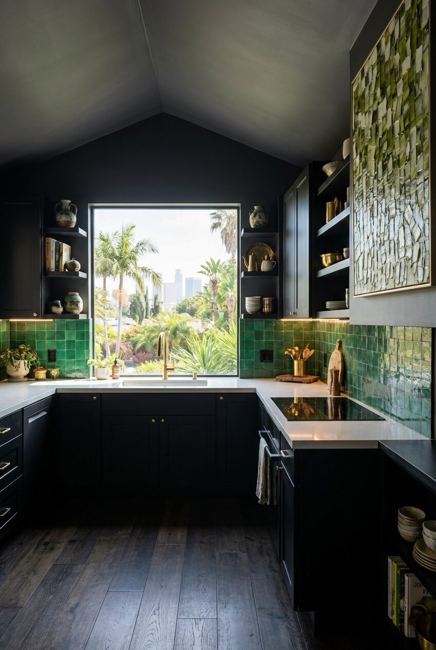 Black Kitchen with Green Backsplash Pop — Budget Version
