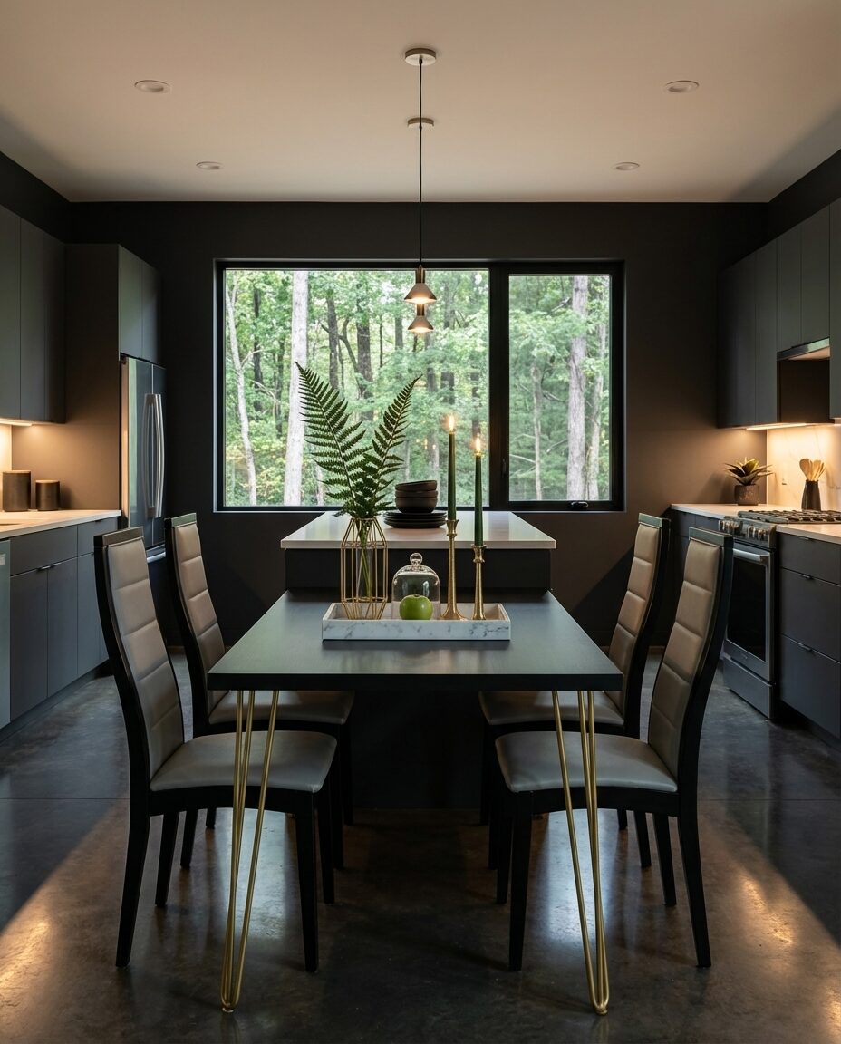 Elegant Black Kitchen Table with Gold Accents & Dramatic Centerpiece — Budget Version