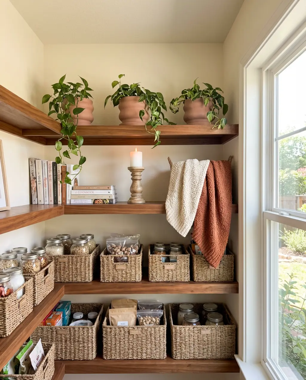 Bohemian Pantry with Woven Baskets and Open Shelves