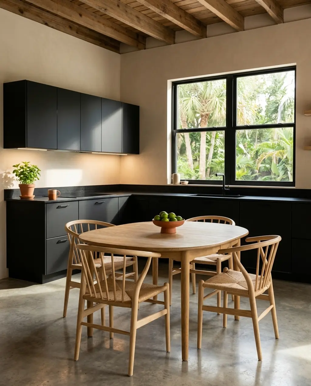 Scandinavian Black Kitchen with Light Wood Dining Table and Greenery — Luxury Version