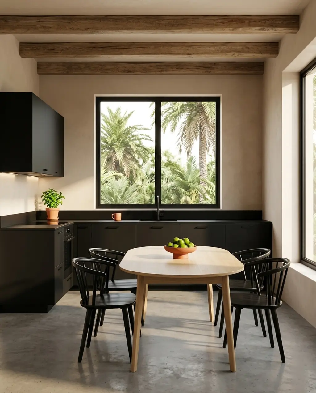 Scandinavian Black Kitchen with Light Wood Dining Table and Greenery — Budget Version