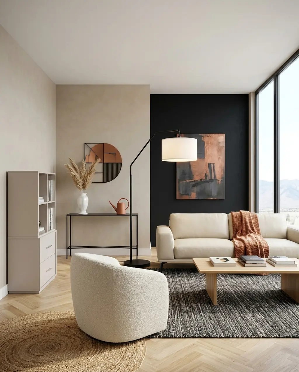 Minimalist Greige & Black Accent Wall Living Room — Luxury Version