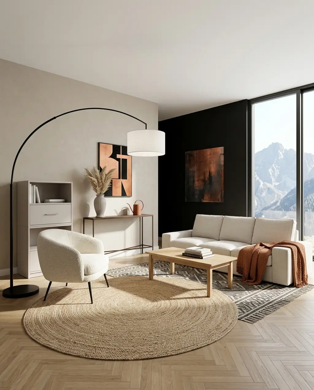 Minimalist Greige & Black Accent Wall Living Room — Budget Version