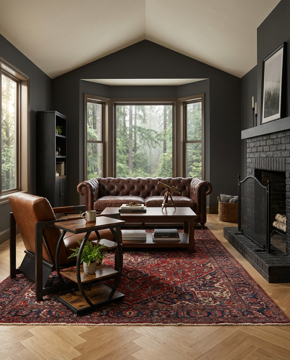 Brown Leather and Dark Wood Study Living Room — Luxury Version