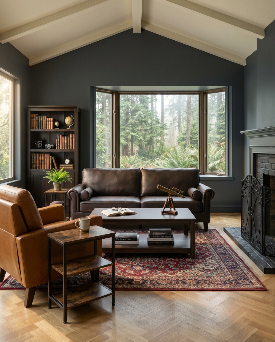 Brown Leather and Dark Wood Study Living Room — Budget Version