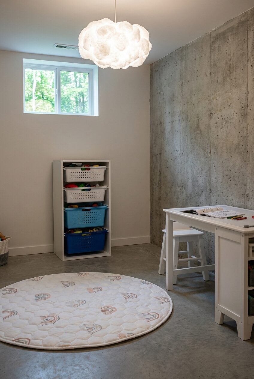 Bright Basement Playroom with Creative Storage Solutions