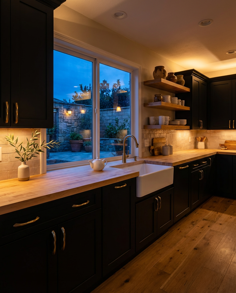 Warm Black Kitchen with Wood Countertops