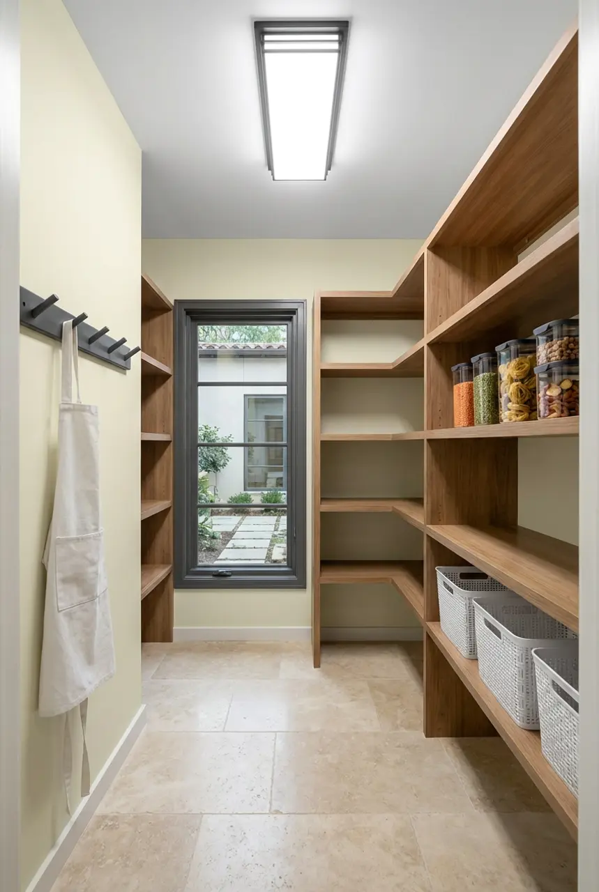 Small Closet Pantry with Open Wood Shelving — Budget Version