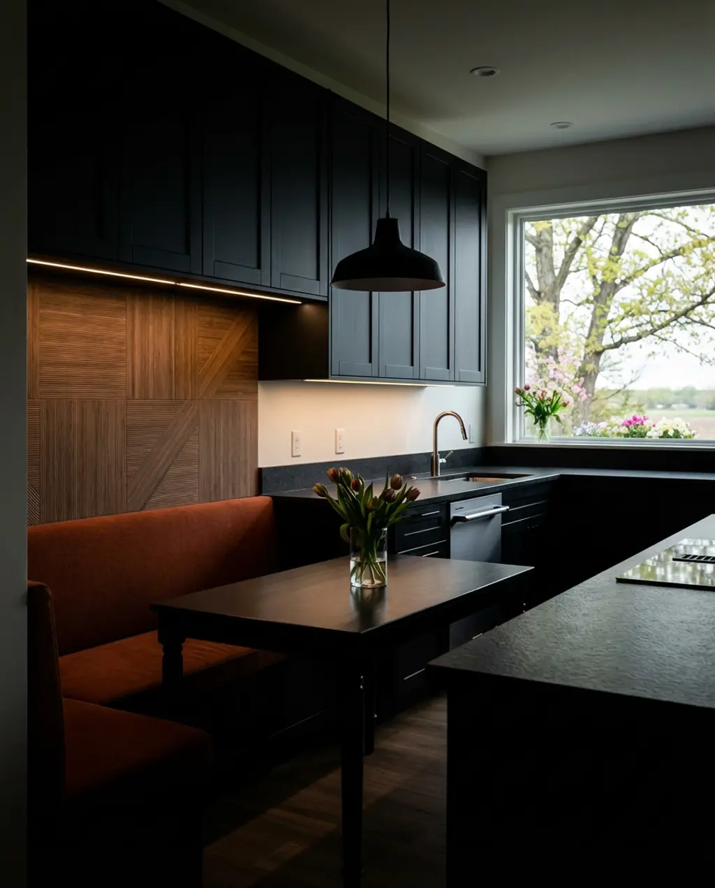 Contemporary Black Kitchen with Wood Paneling and Integrated Seating