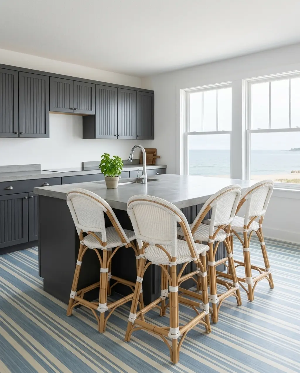 Coastal Kitchen with Light Blue and White Striped Vinyl Flooring — Luxury Version