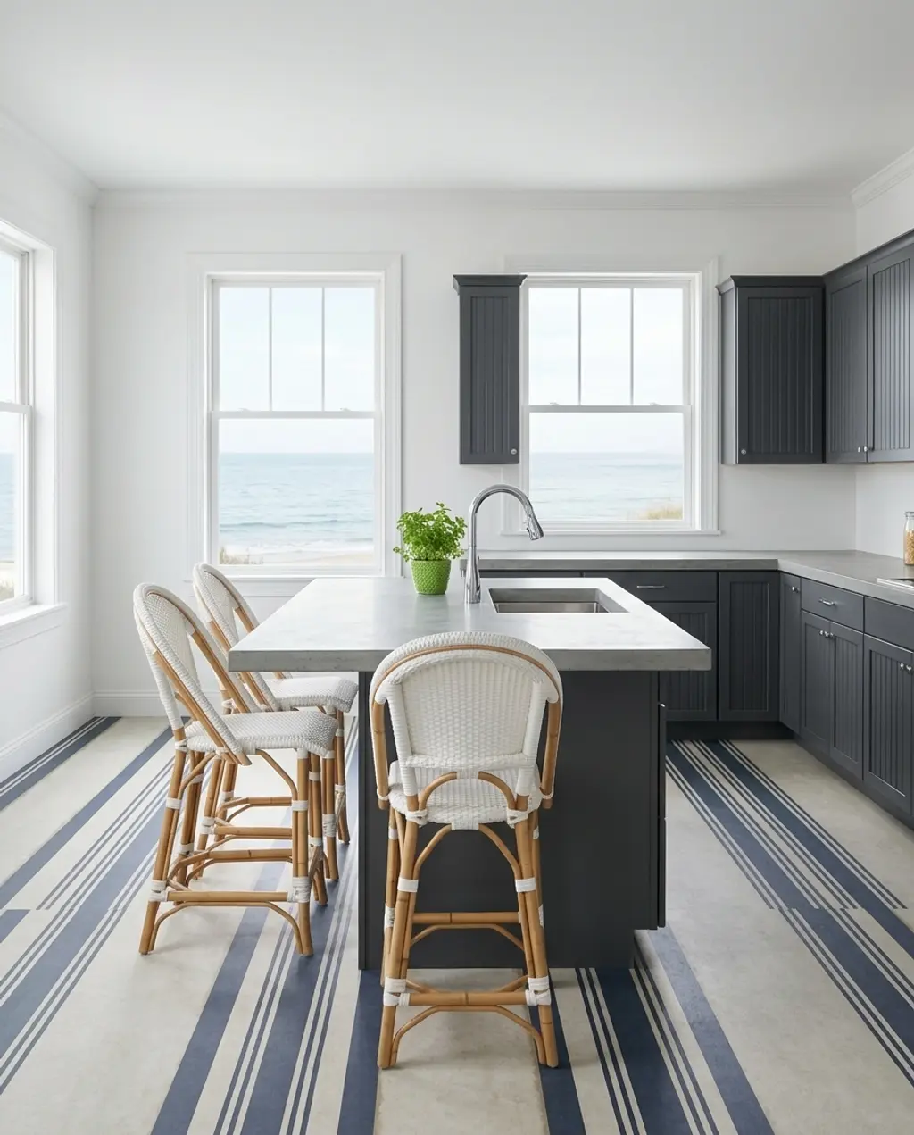 Coastal Kitchen with Light Blue and White Striped Vinyl Flooring — Budget Version