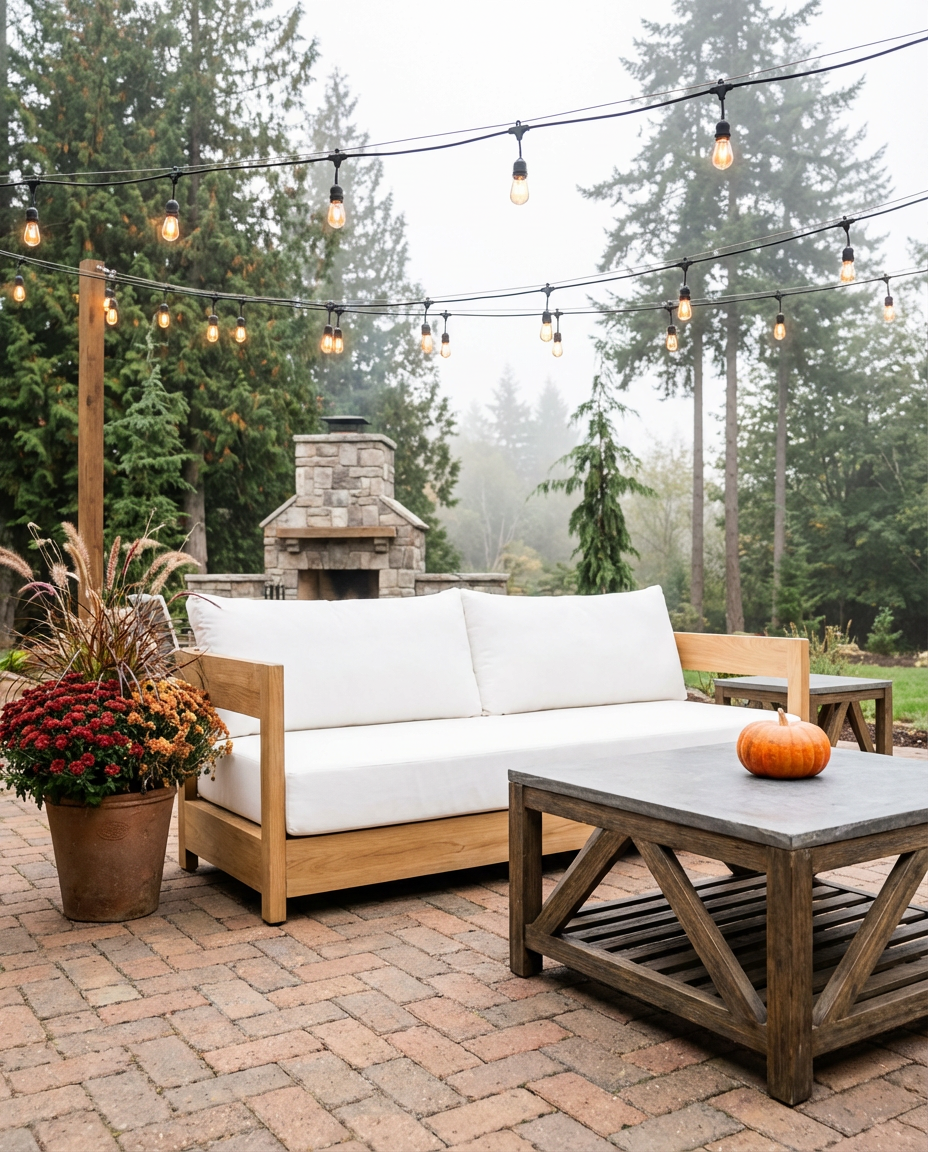 Modern Farmhouse Patio with Herringbone Brick and String Lights