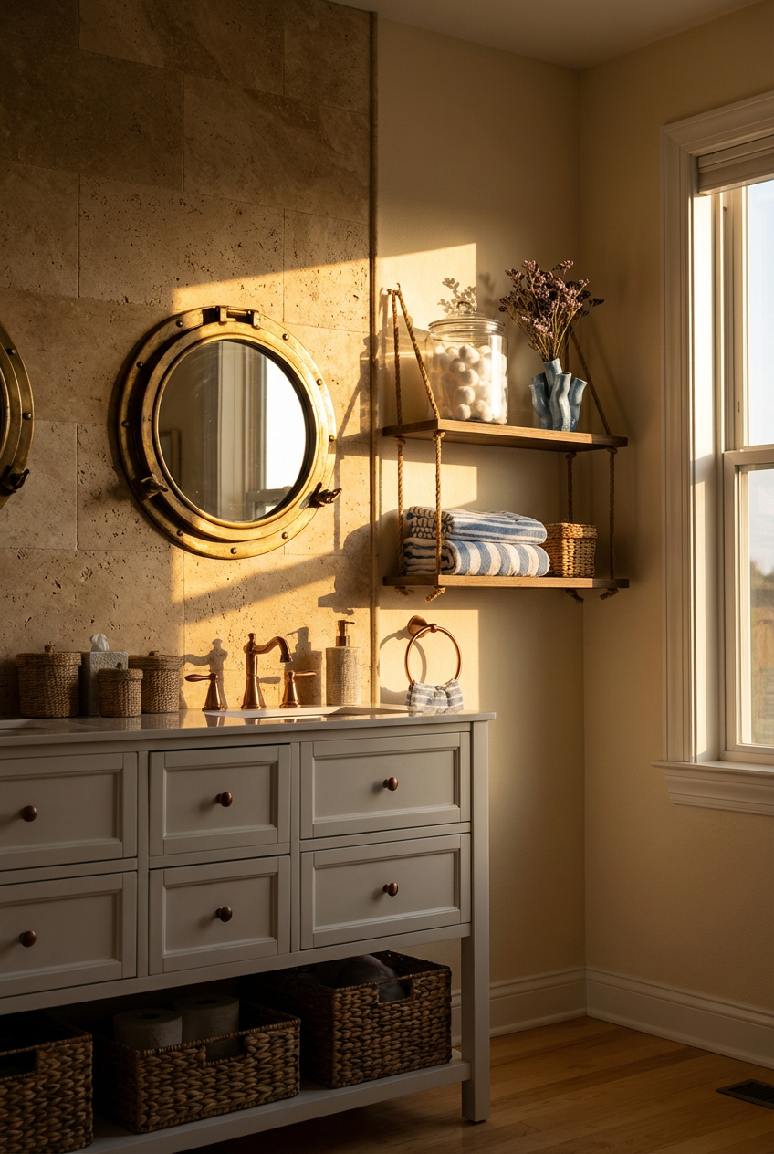 Coastal Bathroom with Nautical Rope Shelves