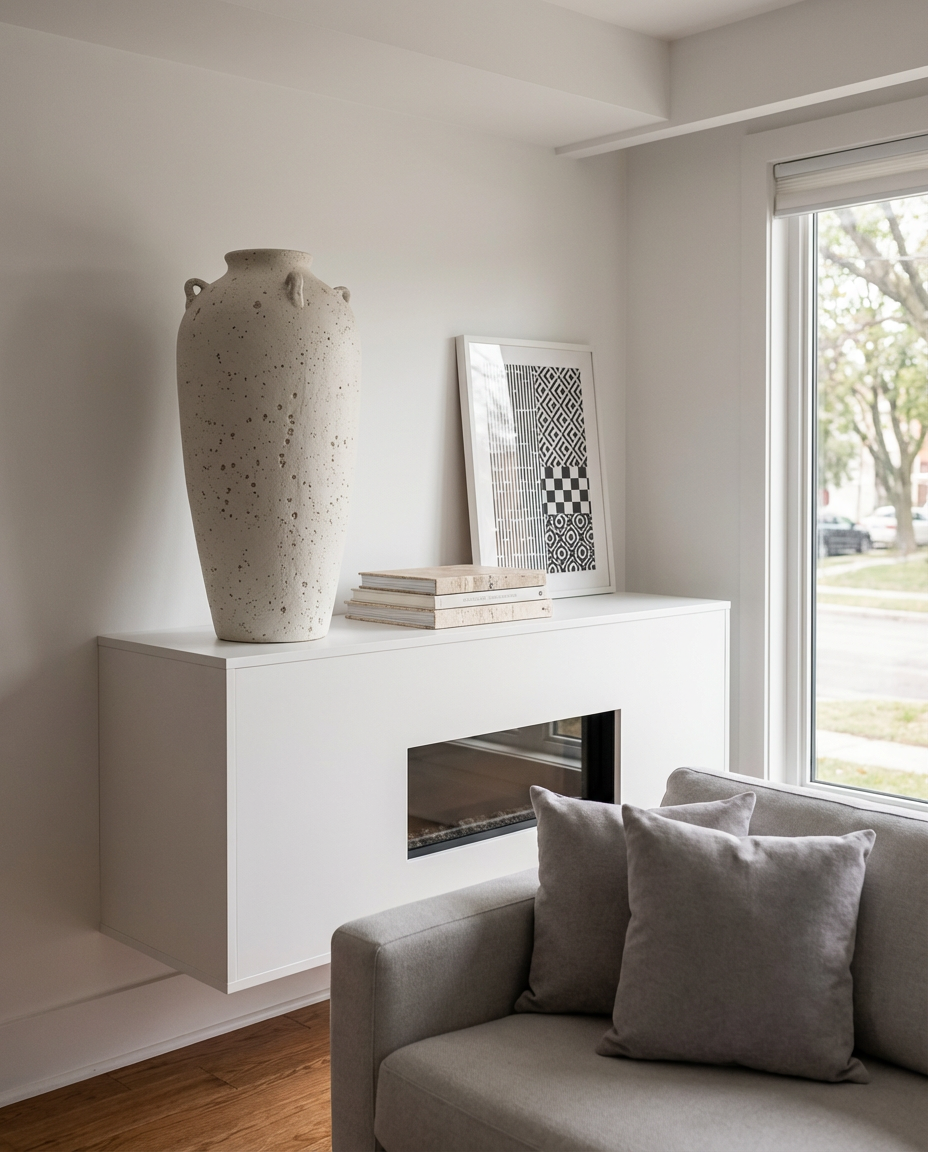 Over The Mantel TV Integration in a White Modern Living Room