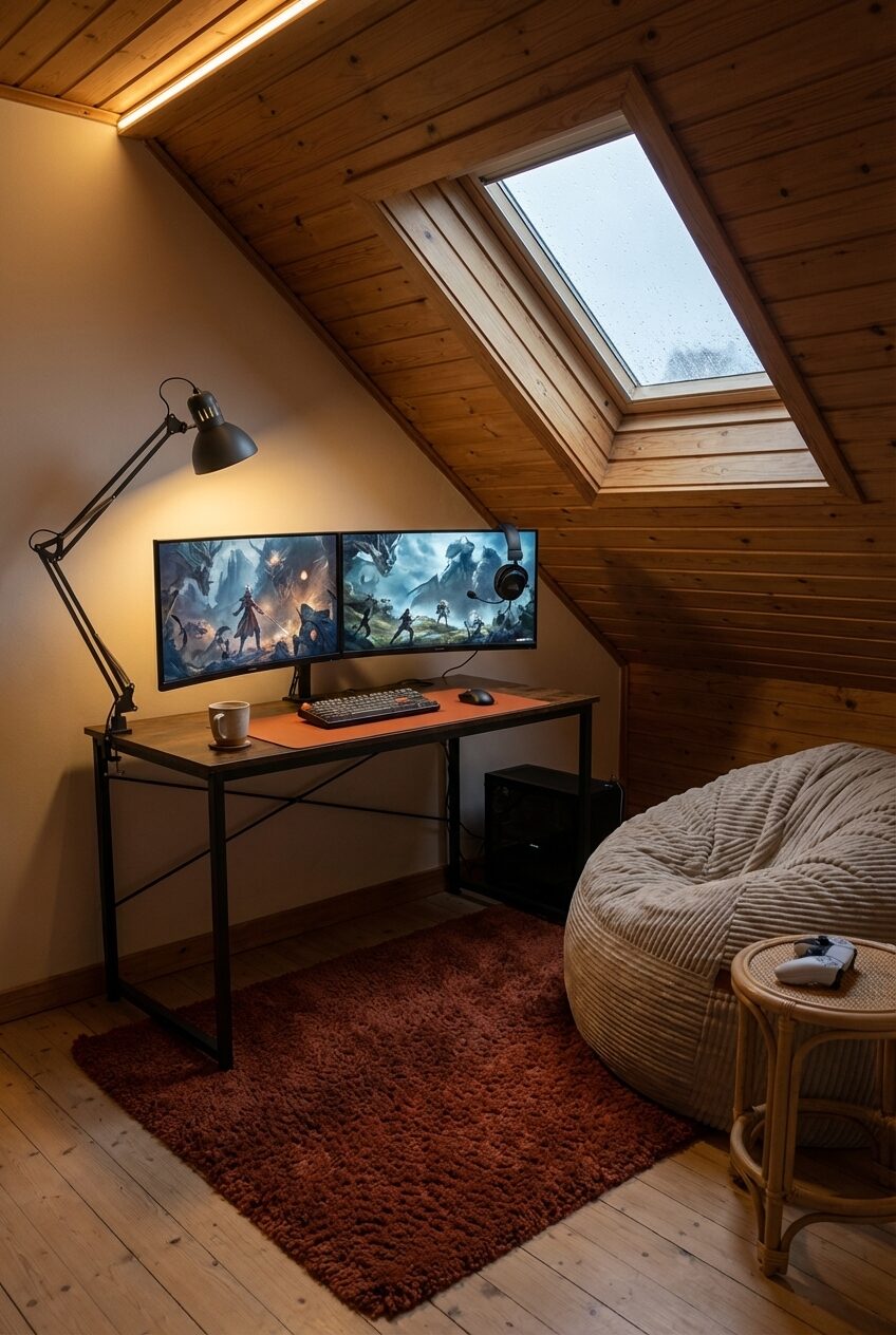 Cozy Attic Gaming Den with Sloped Ceilings