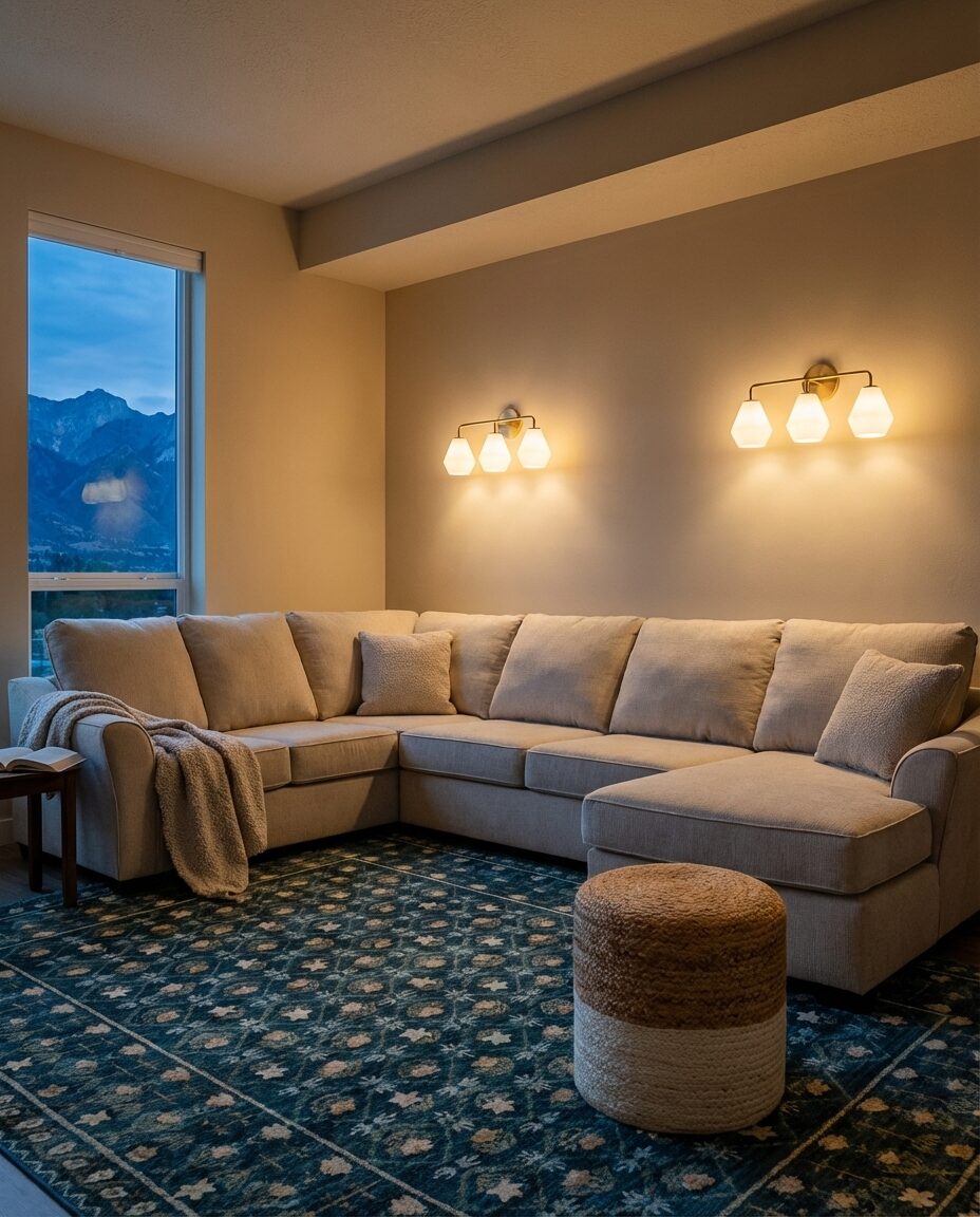 Beige and Blue Living Room with Global Accents