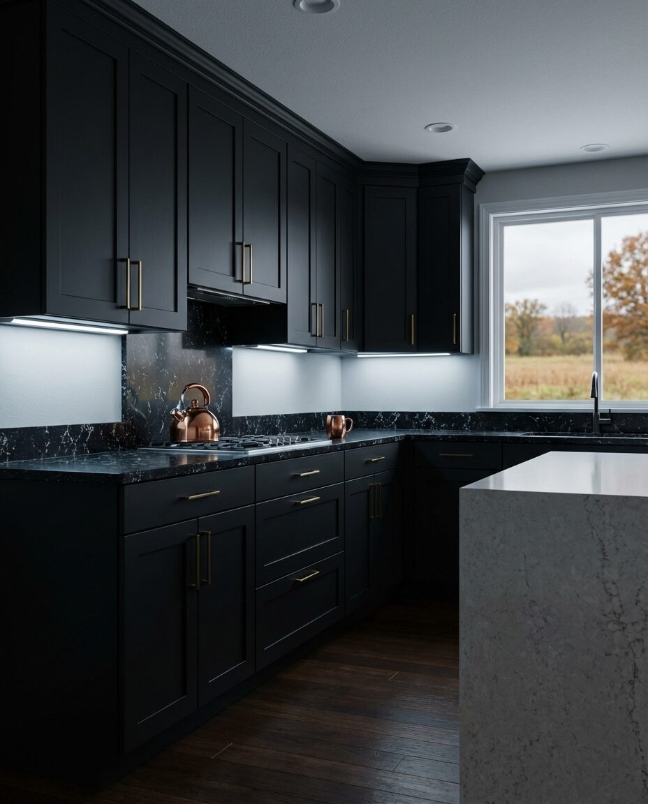 Dramatic Black Kitchen with Quartz Countertops