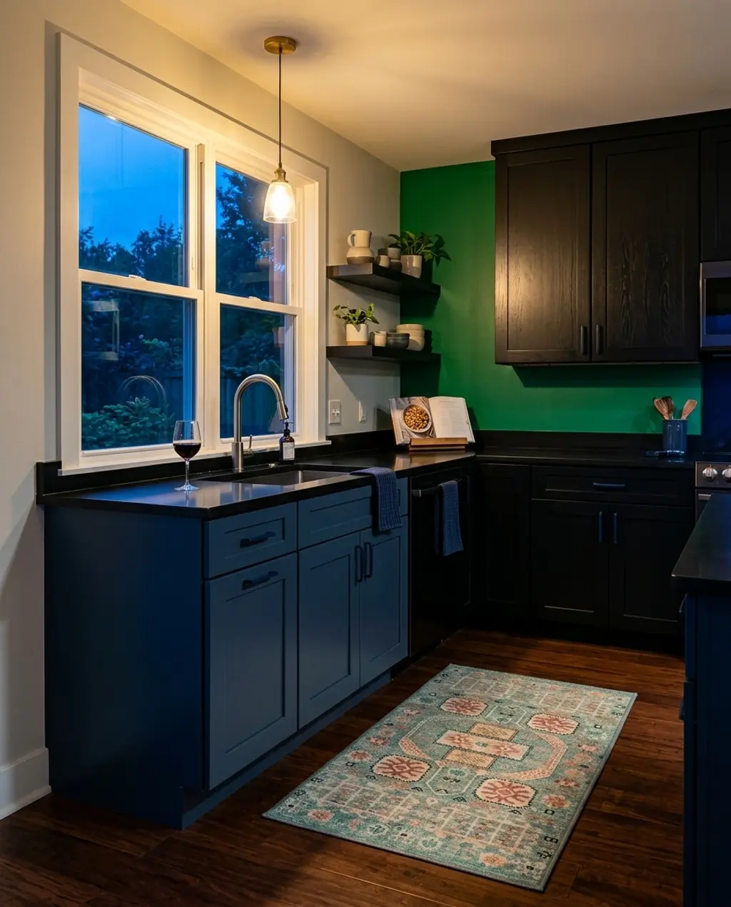 Eclectic Black Kitchen with Green Accent Wall and Patterned Rug